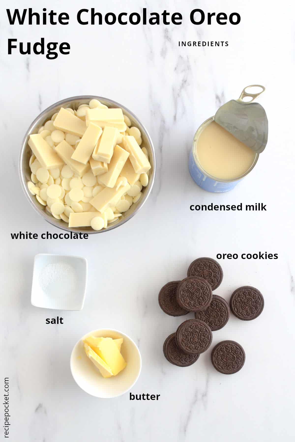 Image of ingredients needed to make white chocolate fudge with Oreo cookies.