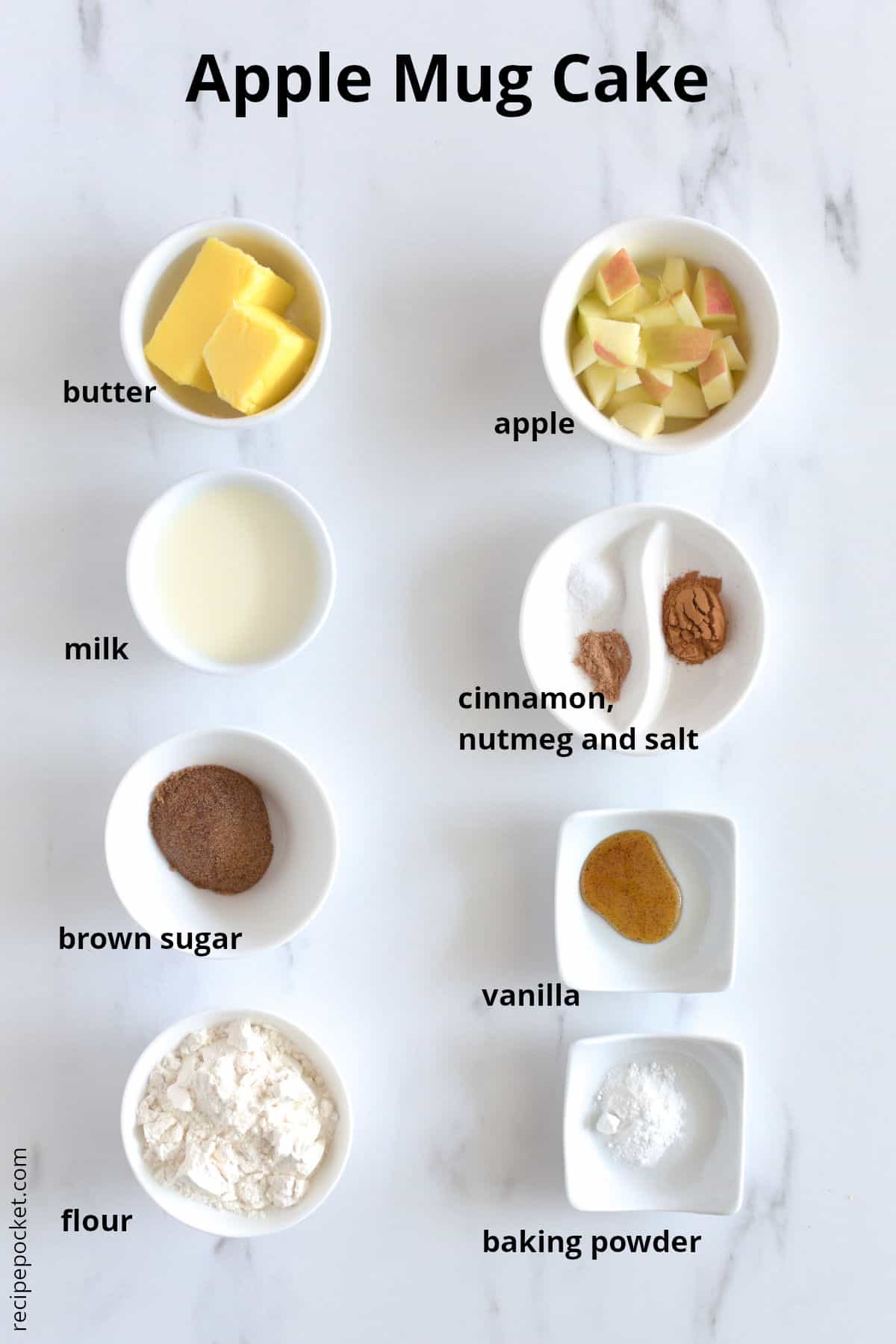 Image of ingredients needed to make an apple mug cake.