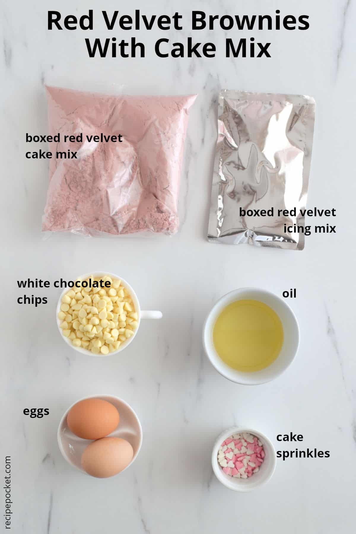 Image of ingredients needed to make red velvet brownies with cake mix.