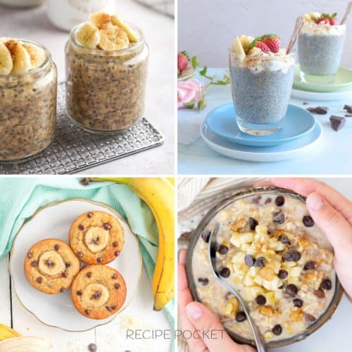 Image with banana puddings, banana muffins and a bowl of oats.