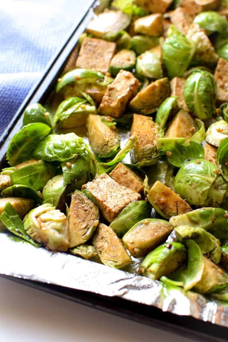 Sheet pan brussel sprouts and tofu.