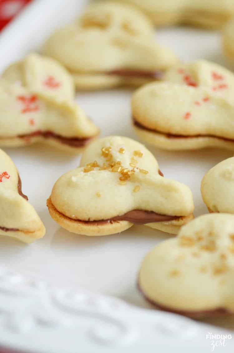 Spritz heart cookies with chocolate filling.