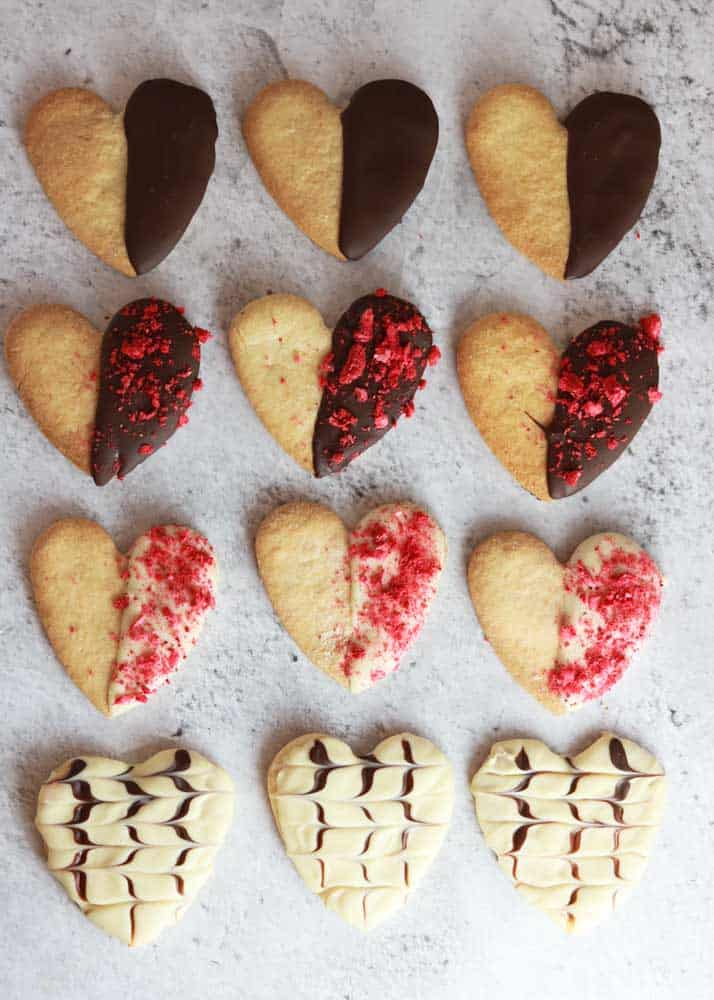 Chocolate dipped heart cookies.