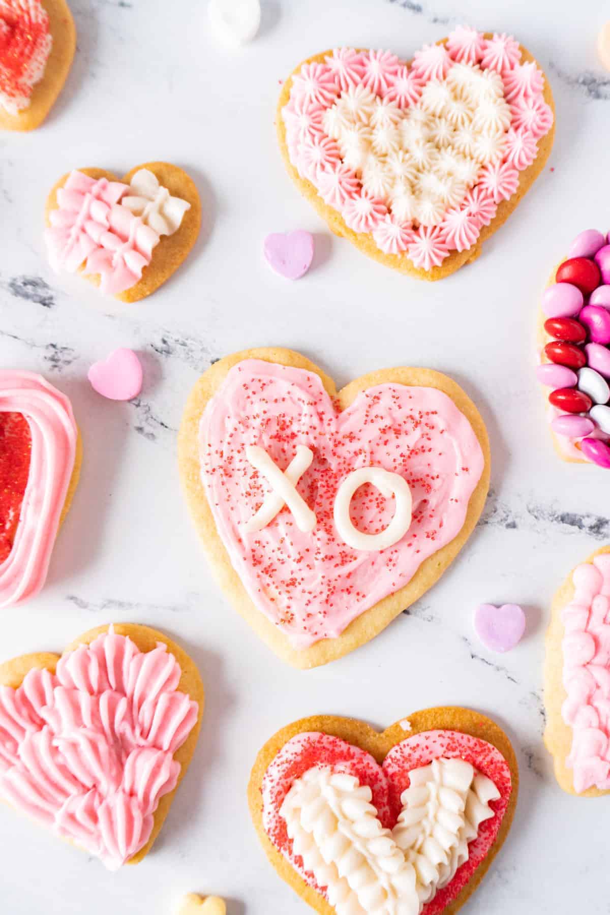 Heart cookies with icing decorations.