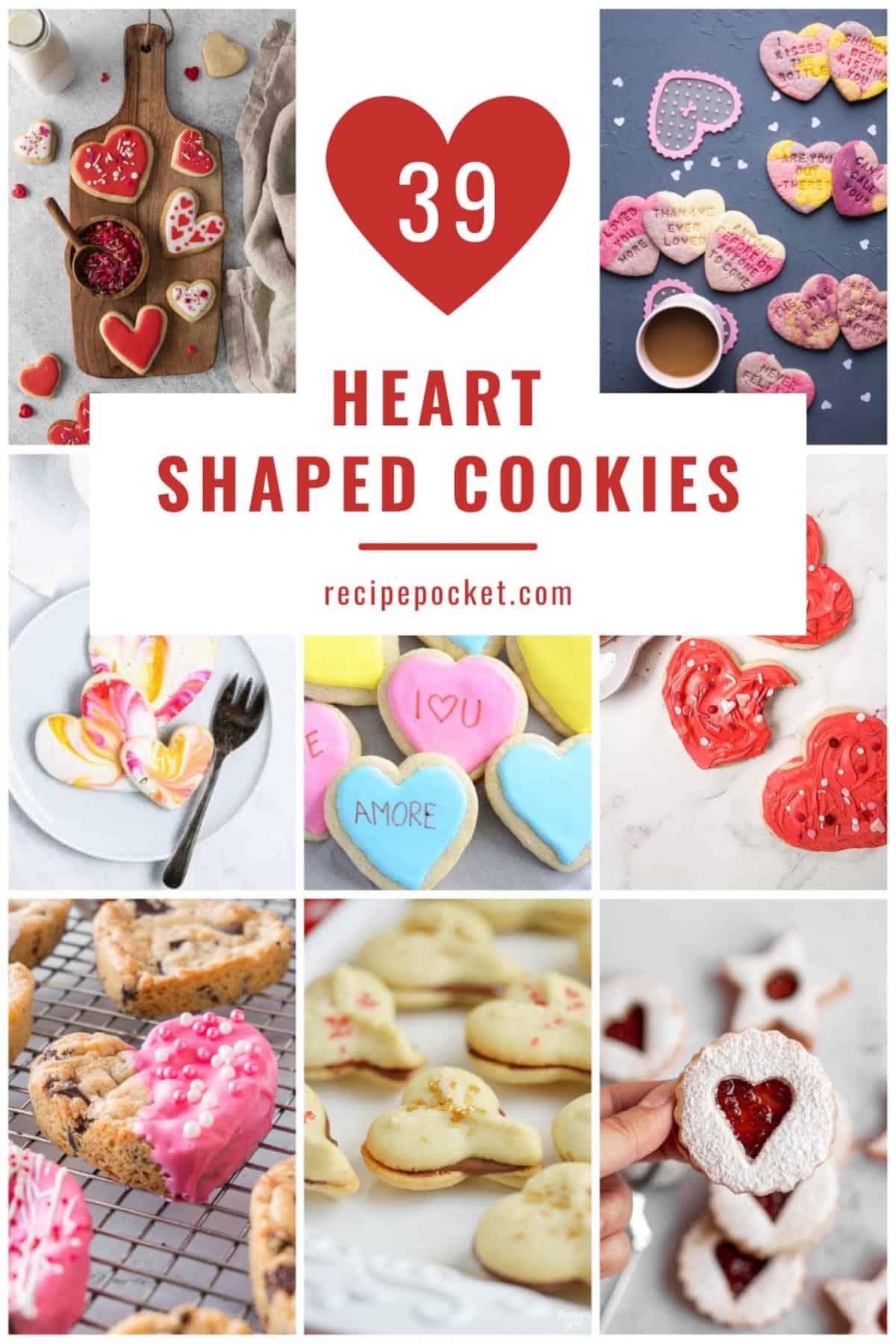 Image collage showing eight different types of heart shaped cookies.