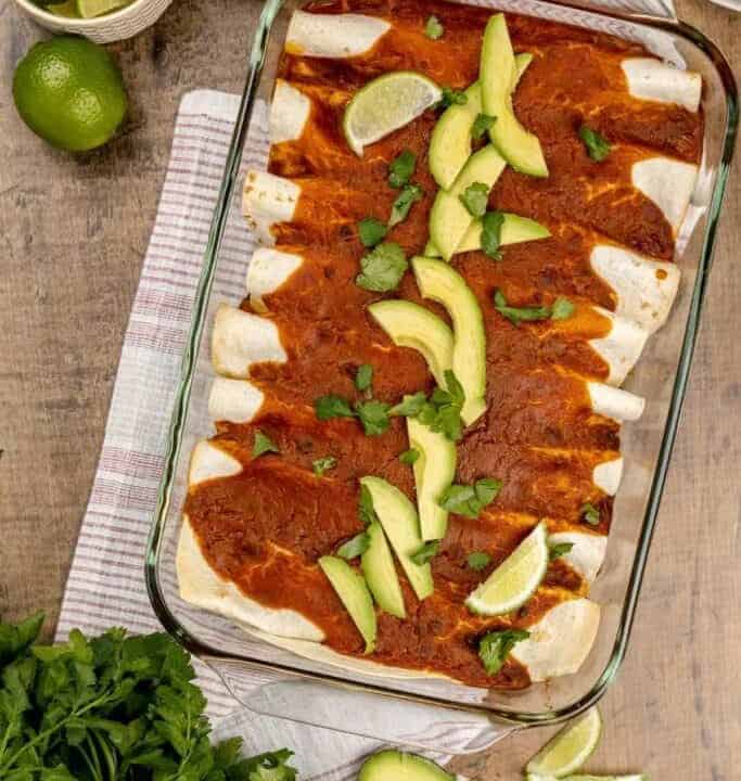 Vegan enchiladas in a baking dish.